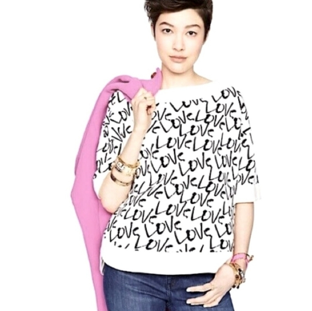 Kate Spade Black & White Love Script Pullover Elbow Sleeve Cotton Terry Sweater